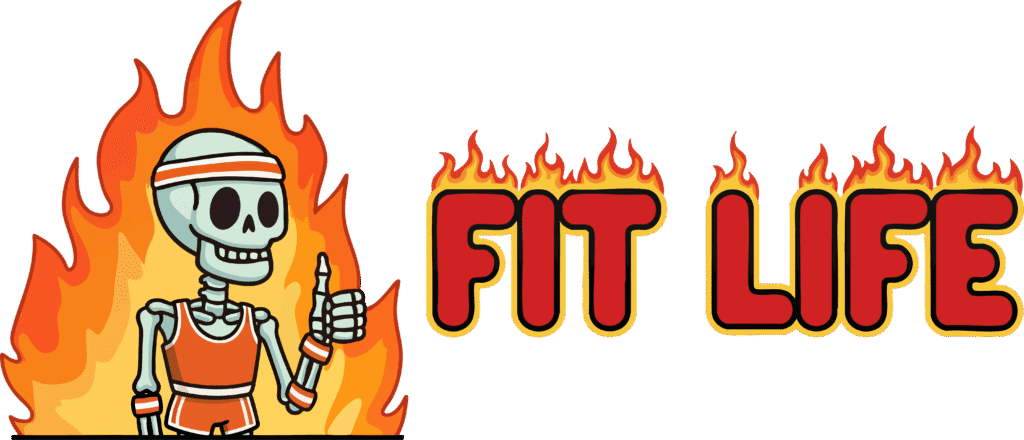 The official Fit Life brand logo, featuring a cartoon skeleton character in a retro outfit surrounded by flames, next to the "FIT LIFE" text in a fire-style font. Represents the brand's streetwear and aesthetic style
