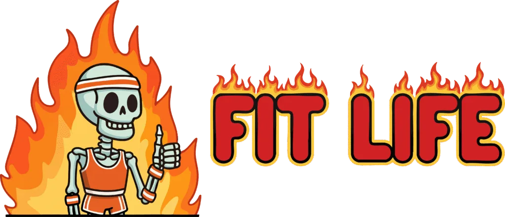 The official Fit Life brand logo, featuring a cartoon skeleton character in a retro outfit surrounded by flames, next to the "FIT LIFE" text in a fire-style font. Represents the brand's streetwear and aesthetic style