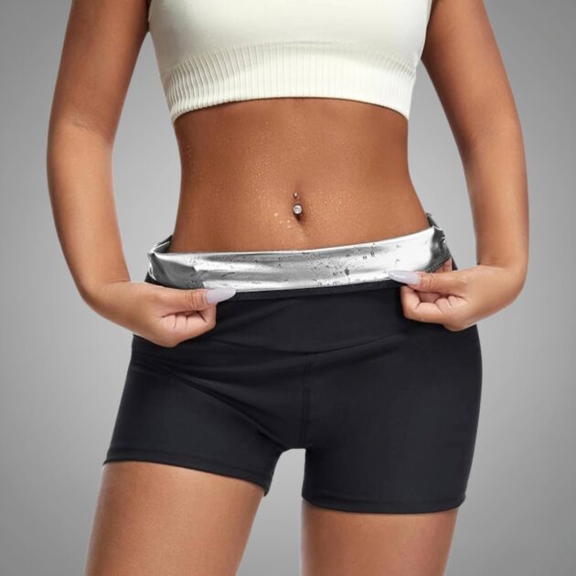 Women's high-waisted black athletic sauna shorts for weight loss, intensive sweating, and fat burning. Ideal for workouts and fitness.