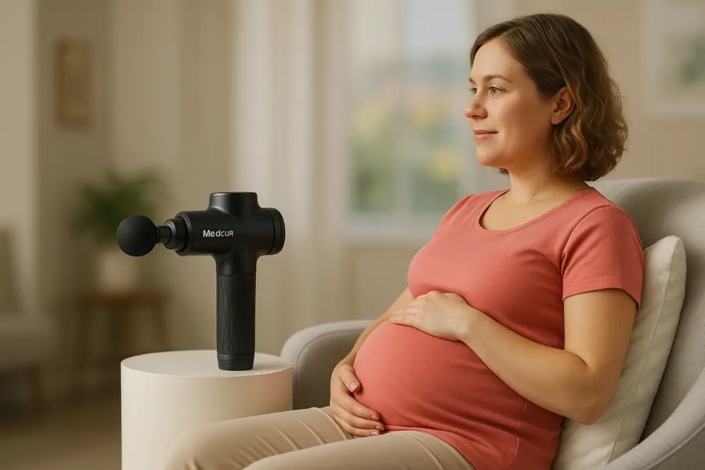 Pregnant woman sitting comfortably beside a massage gun in a calm home setting