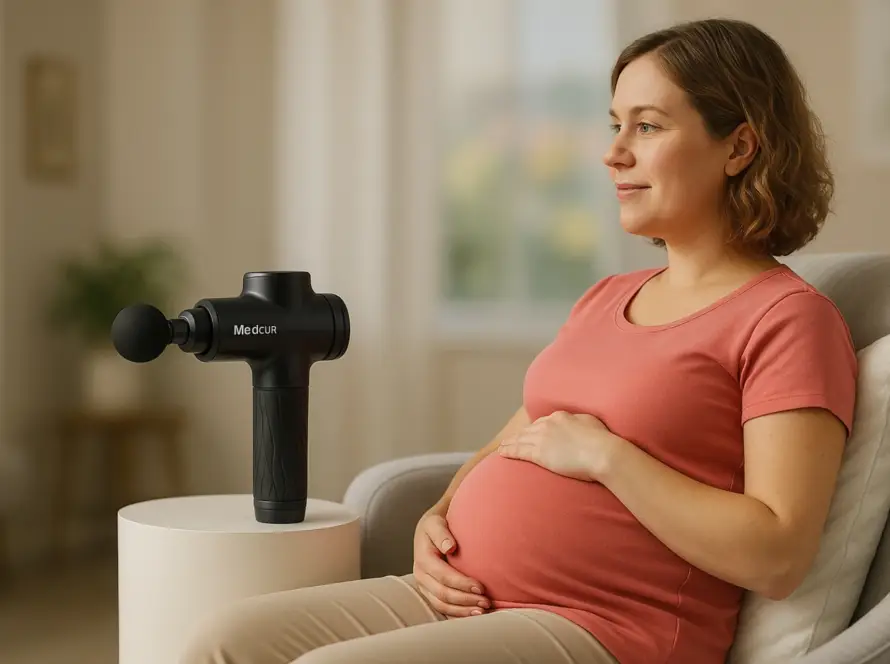 Pregnant woman sitting comfortably beside a massage gun in a calm home setting