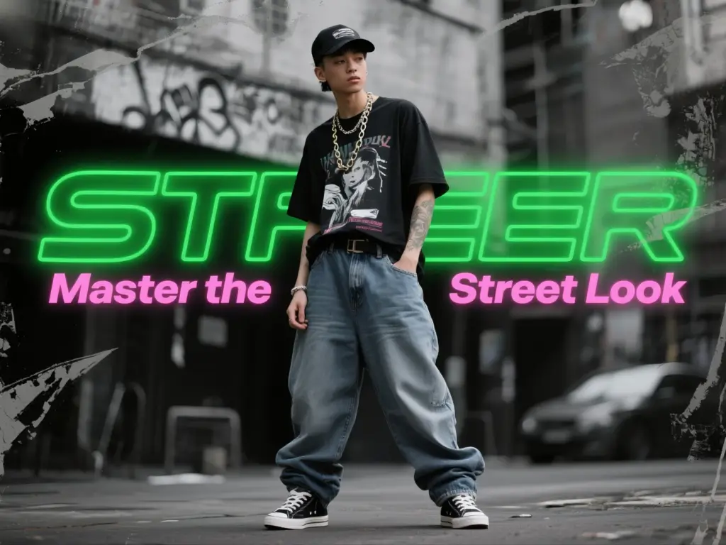 A confident streetwear model posing in baggy jeans and a graphic t-shirt, standing in an urban setting with graffiti walls and neon lights, featuring the text 'STREER Master the Street Look' and 'how to style baggy jeans' for a trendy look.