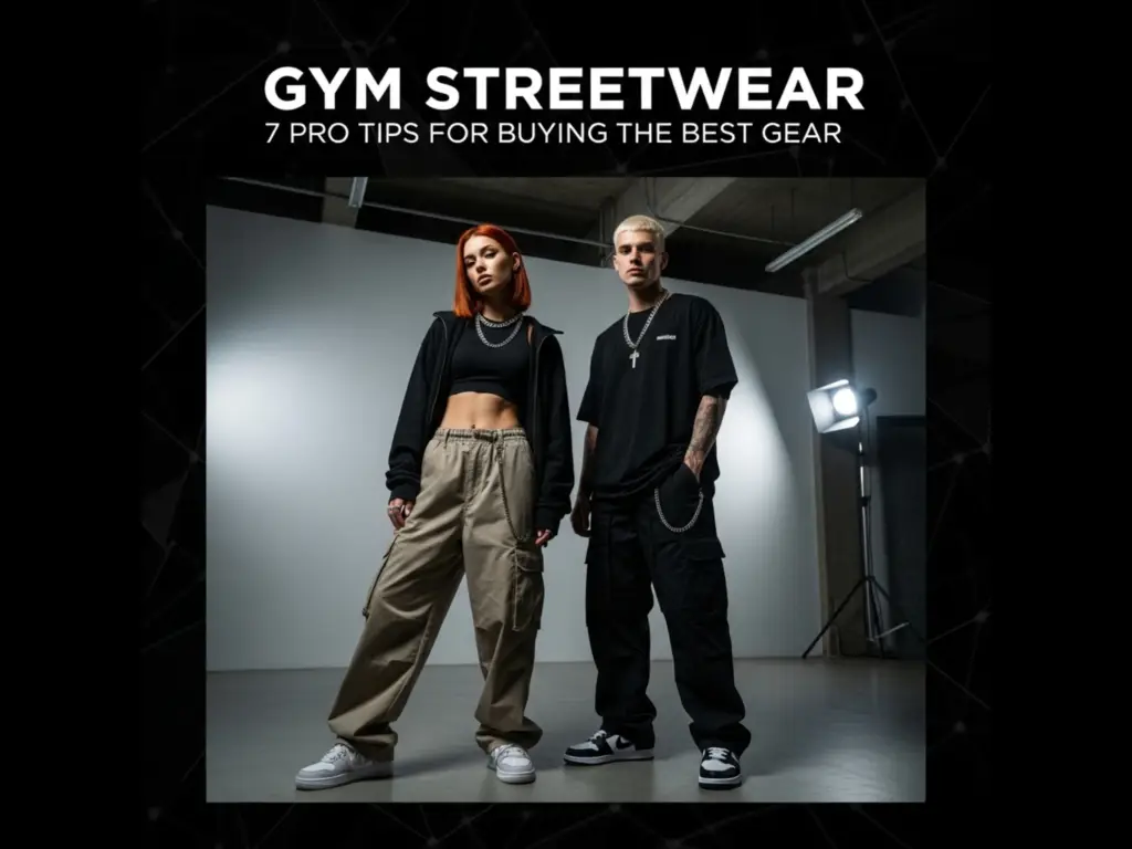 Gym streetwear models in a minimalist studio with the title "Gym Streetwear: 7 Pro Tips for Buying the Best Gear