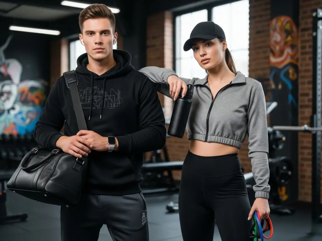 Two models in a modern gym showcasing gym accessories, male in a hoodie and joggers with a gym bag and smartwatch, female in a cropped jacket and leggings with a cap and resistance bands, blending streetwear and fitness style.