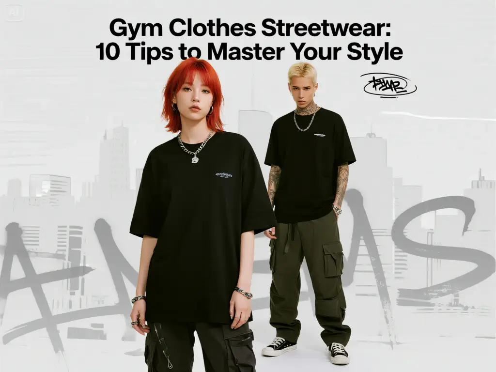 A man with tattoos and a woman with red hair modeling modern gym clothing streetwear for men. Both wear oversized black tees and cargo pants in front of a stylized urban city backdrop, representing a style guide.