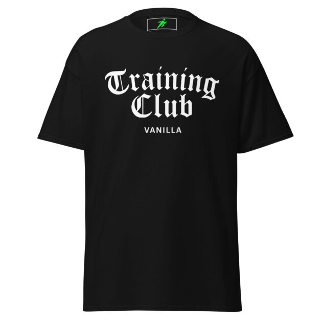 Black Training Club Vanilla T-Shirt with white gothic-style text, ideal for fashion and training.