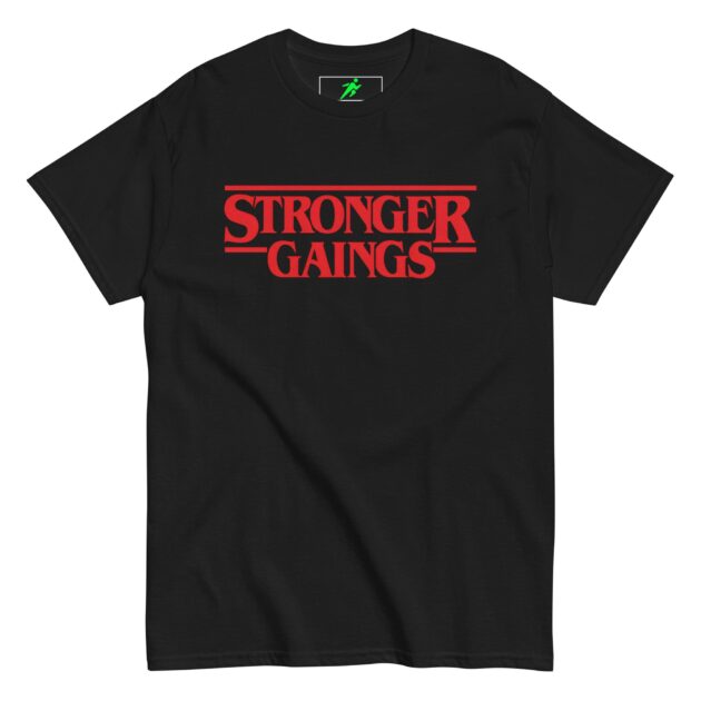 STRONGER GAINS T-shirt black streetwear gym apparel with red Stranger Things font logo for fitness enthusiasts