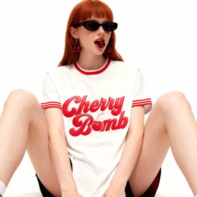 A female model with red hair, sunglasses, and cherry earrings, wearing the 