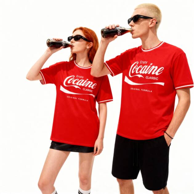 Male and female models wearing the red