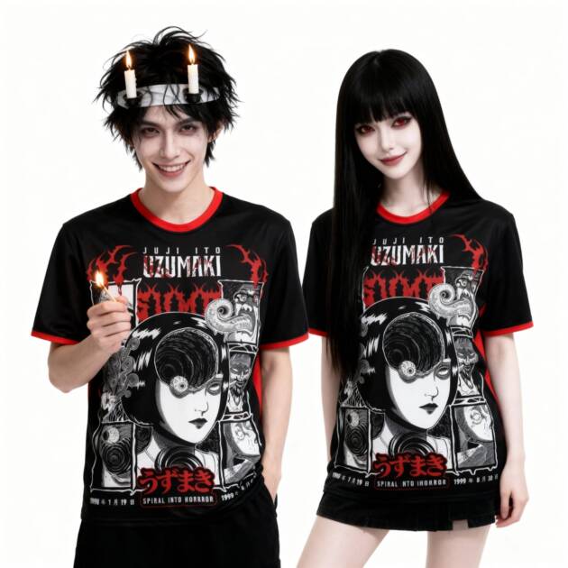 Male and female models in a horror aesthetic, wearing the 