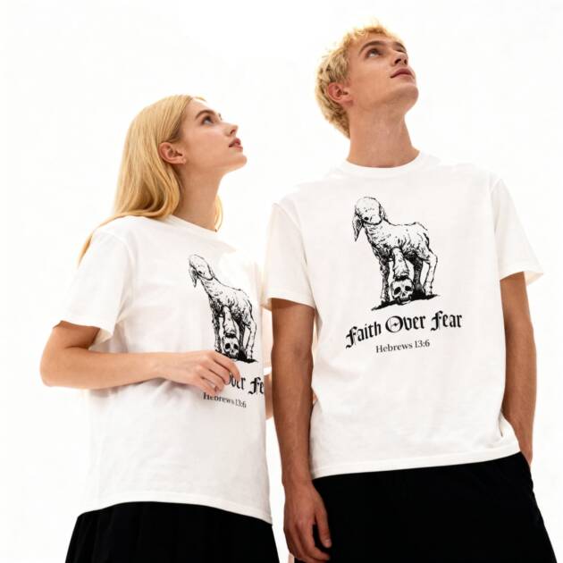 Male and female models wearing the white 