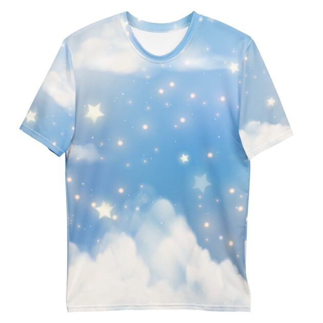 An all-over print t-shirt from the Fit Life clothing brand, featuring a dreamy Y2K aesthetic design of a soft blue sky with fluffy white clouds and glowing, sparkling stars