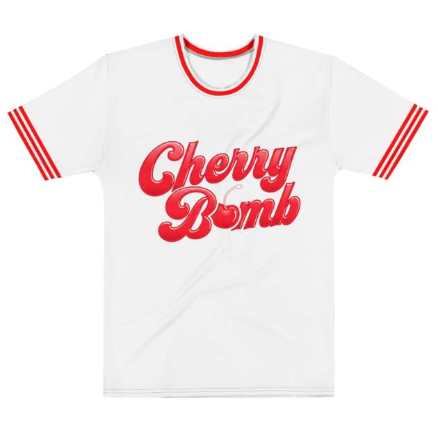 A white t-shirt from the Fit Life clothing brand, featuring red striped sleeves and neckline, with a bold red 