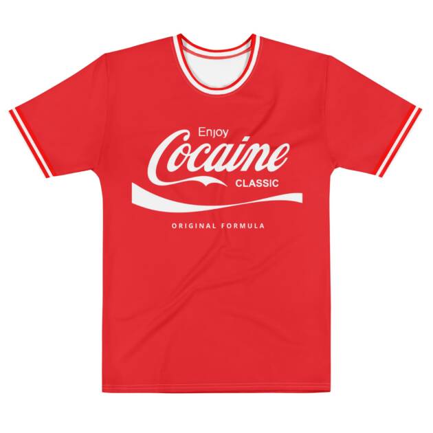 A red ringer t-shirt from the Fit Life clothing brand, featuring an edgy Y2K-style parody of the Coca-Cola logo with the slogan