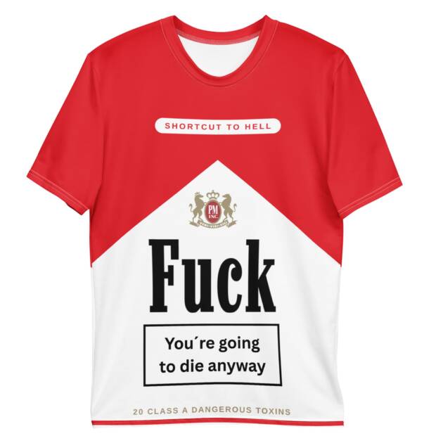 An edgy all-over print t-shirt from the Fit Life clothing brand, featuring a Y2K-style parody of a Marlboro cigarette pack with the slogan