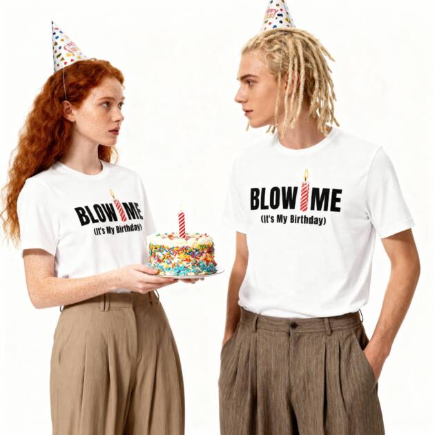 Two models wearing the white 'Blow Me It's My Birthday' t-shirt at a party.