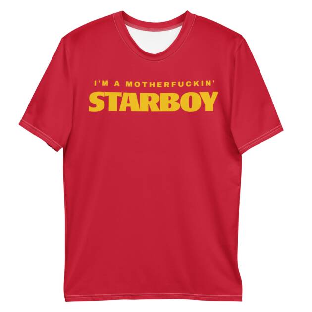 Man in dark streetwear wearing the red I'm A Motherfuckin' Starboy t-shirt.