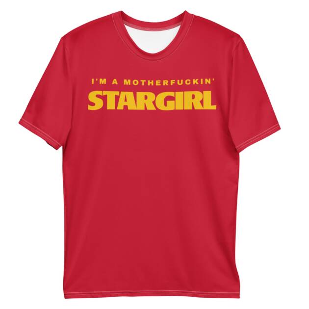 Model with baddie aesthetic wearing the red I'm A Motherfuckin Stargirl t-shirt.