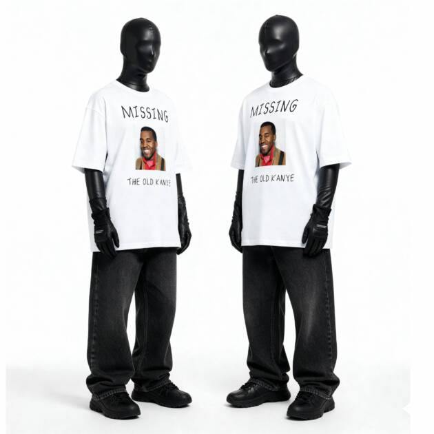 Models wearing Missing Old Kanye graphic text t-shirt in streetwear style.