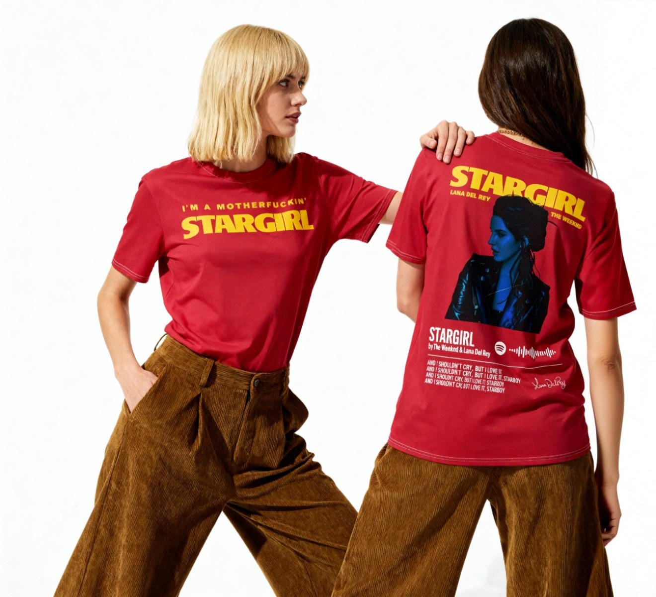 Blonde woman wearing a red "I'm a motherfuckin' STARGIRL" graphic tee, front view