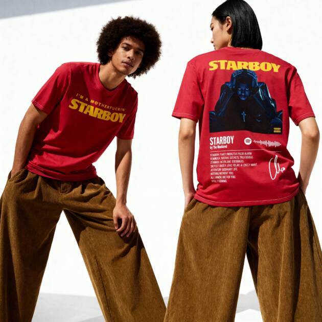 Male model wearing red Starboy t-shirt, front view, with 